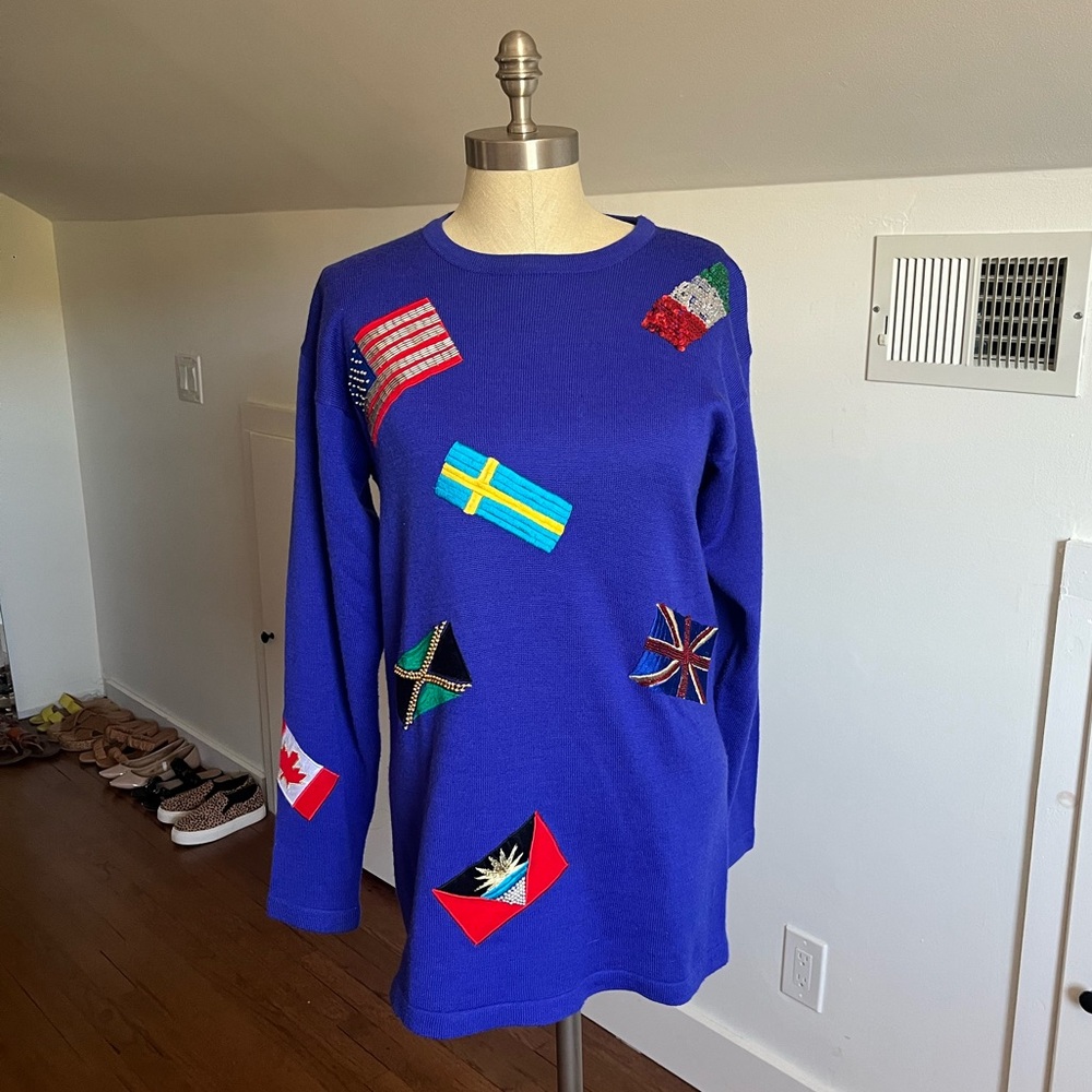 Vintage Suzelle embellished blue flag long sleeve sweater